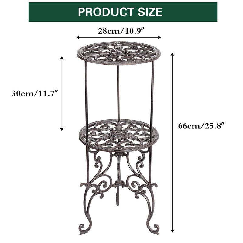 Sungmor Heavy Duty Cast Iron Potted Plant Stand,26-Inch 2 Tiers Metal Planter Rack,Decorative Flower Pot Holder,Vintage & Rustic Style Indoor Outdoor Garden Pots Container Supports - Image 4